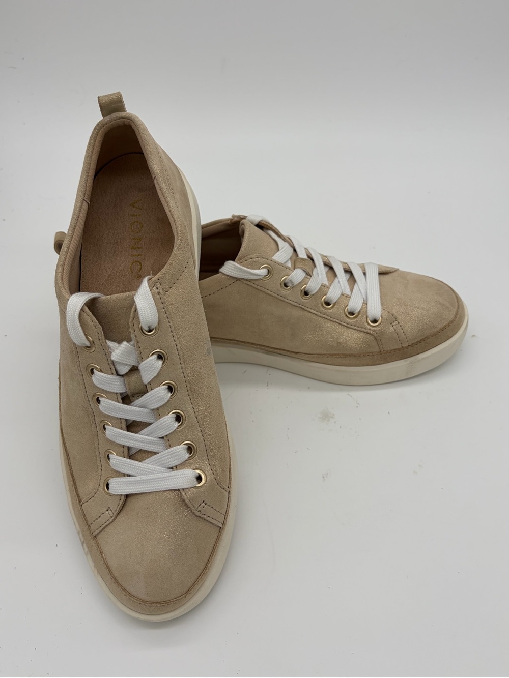 Vionic Beige Suede Women's Low-Top Sneakers with White Laces